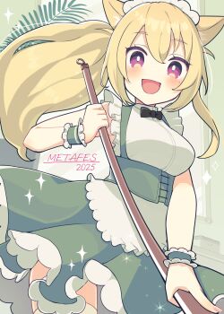 1girl :d animal_ears artist_name black_bow black_bowtie blonde_hair blush bow bowtie breasts dated fern highres large_breasts long_hair looking_at_viewer maid maid_headdress mikeseneko mole mole_under_eye open_mouth original smile solo sparkle wrist_cuffs