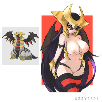 absurdres alternate_species artist_name big_breasts black_sclera breasts cleavage colored colored_sclera english_text female_focus functionally_nude gen_4_pokemon giratina highres humanization humanized large_breasts legendary_pokemon long_hair looking_at_viewer navel nintendo nipples pokemon purple_hair pussy red_background red_eyes simple_background striped_clothes striped_legwear striped_thighhighs thighhighs two-tone_legwear uzzy2801 very_long_hair white_background wings