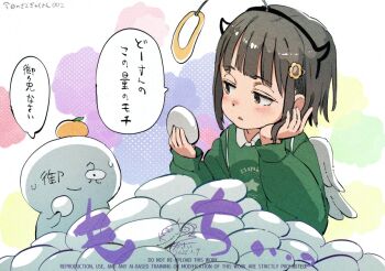 1boy 1girl ano_ko_wa_toshi_densetsu artist_self-insert black_hair black_hairband blush brown_eyes collared_shirt commentary_request dated fake_halo fake_horns fake_wings feathered_wings flower food food_on_head fruit gomennasai hair_flower hair_ornament hairband halo holding holding_food horns long_sleeves mandarin_orange mini_wings object_on_head parted_lips puffy_long_sleeves puffy_sleeves shirt signature sleeves_past_wrists translation_request white_shirt white_wings wings yellow_flower zangyaku-san