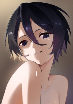 1girl absurdres bare_shoulders black_hair bleach bleach:_sennen_kessen-hen breasts female_focus highres kuchiki_rukia looking_at_viewer medium_hair shiny_skin simple_background small_breasts teeth tsushironesae upper_body