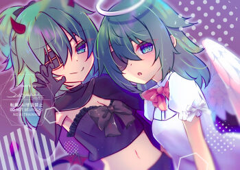 2girls angel_and_devil angel_wings black_gloves blue_eyes demon_horns demon_tail dress dual_persona eyepatch frilled_tube_top frills gloves green_eyes halo horns kantai_collection kiso_(kancolle) kiso_kai_ni_(kancolle) medium_hair midriff multiple_girls navel ponytail smile strapless suzuaki_(angelic-sh) tail tube_top white_dress wings