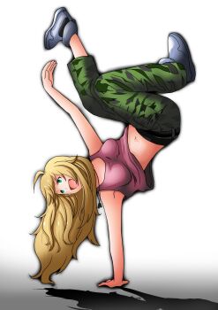 1girl absurdres acrobatics ahoge antenna_hair armpits baggy_pants bare_arms bare_shoulders blonde_hair breasts camouflage camouflage_pants female_focus foot_up full_body green_eyes handstand happy highres hoshii_miki idolmaster idolmaster_(classic) jewelry long_hair looking_to_the_side medium_breasts midriff namco navel neck necklace open_hand open_mouth pants shirt shoes sidelocks sleeveless sleeveless_shirt sneakers sportswear tank_top wavy_hair white_background