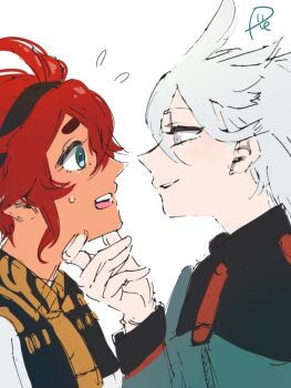 2girls asticassia_school_uniform black_hairband blue_eyes commentary green_jacket grey_eyes gundam gundam_suisei_no_majo hairband hand_on_another&#039;s_chin jacket long_hair miorine_rembran multiple_girls parted_lips red_hair school_uniform simple_background smile suletta_mercury surfacedxxc thick_eyebrows white_background white_hair white_jacket yuri