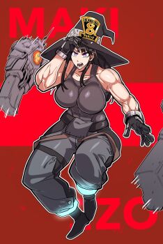 1girl baggy_pants breasts en'en_no_shouboutai female_focus full_body gloves hat highres huge_breasts long_hair maki_oze muscular muscular_female pants purple_eyes solo uki_bill4744 witch_hat
