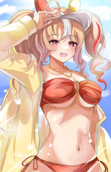 ahoge animal_ears bikini blonde_hair blue_sky blush breasts cloud commentary_request ear_covers fang fusaichi_pandora_(umamusume) hair_between_eyes hanamura_pink highres horse_ears horse_girl horse_tail jacket jewelry large_breasts long_hair looking_at_viewer mismatched_ear_covers multicolored_hair navel necklace open_clothes open_jacket open_mouth purple_eyes red_bikini red_eyes sky smile solo stomach swimsuit tail twintails umamusume visor_cap yellow_jacket