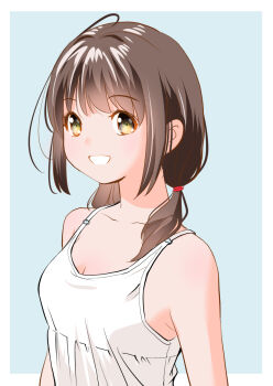 Rule 34 | 1girl, breasts, brown hair, cleavage, commentary request, green eyes, grin, looking at viewer, low twintails, original, sleeveless, smile, solo, twintails, upper body, yamanaka kouji (yanchiki2001)