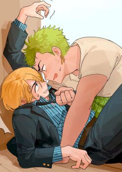 2boys arm_up belt black_necktie black_pants blonde_hair blue_eyes blue_shirt brown_belt buttoned_cuffs buttons clothes_grab curly_eyebrows earrings eye_contact green_hair haramaki hashtag-only_commentary highres jacket jewelry lapels layered_sleeves looking_at_another male_focus multiple_boys necktie necktie_grab neckwear_grab noroumam notched_lapels one_piece open_clothes open_jacket open_mouth pants parted_bangs parted_lips piercing pinstripe_pattern pinstripe_shirt roronoa_zoro sanji_(one_piece) shirt short_hair short_sleeves smile suit_jacket sweatdrop trembling white_shirt yaoi