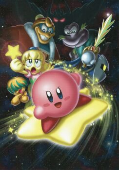 :o artist_request blonde_hair blue_cape blush blush_stickers bun_(kirby) cape escargon eyelashes fumu_(kirby) galaxia_(sword) green_hair grin hair_over_eyes hat highres holding holding_sword holding_weapon king_dedede kirby kirby:_right_back_at_ya! kirby_(series) mask meta_knight multicolored_hair nightmare_(kirby) nintendo official_art open_clothes open_mouth open_robe red_hat red_robe robe scan short_hair smile space sparkle star_(sky) sword teeth third-party_source two-tone_hair warp_star weapon
