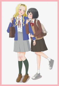 2girls absurdres arm_hug backpack bag black_hair black_hairband black_skirt blazer blonde_hair blue_jacket blush border brown_jacket brown_shoes closed_mouth collared_shirt commentary_request green_socks grey_shoes grey_skirt hairband highres jacket kirarazaka_marina kuze_shizuka loafers long_hair massa79 multiple_girls neck_ribbon open_mouth pink_border pleated_skirt red_ribbon ribbon school_bag school_uniform shirt shoes short_hair simple_background skirt smile socks takopii_no_genzai white_background white_shirt yellow_eyes yuri