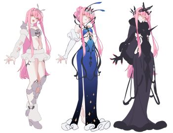 Rule 34 | 1girl, absurdres, arm warmers, clothing cutout, commentary request, crop top, dress, fate/grand order, fate (series), full body, fur choker, gloves, hair ornament, highres, long hair, looking at viewer, may (2747513627), medb (fate), multiple views, navel, open mouth, pink hair, shoes, simple background, skirt, smile, solo focus, standing, tiara, updo, white background, yellow eyes