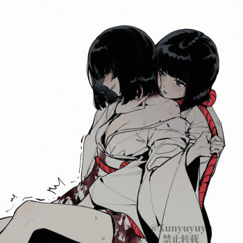 2girls bare_shoulders black_eyes black_hair blood blood_on_clothes blush bob_cut breasts chinese_commentary clothed_sex collarbone commentary_request covered_eyes cowboy_shot drooling fatal_frame fatal_frame_ii:_crimson_butterfly fingering fingering_through_clothes girl_on_top hair_over_eyes hand_on_another's_neck head_on_another's_shoulder heads_together heavy_breathing holding holding_rope incest japanese_clothes kimono knee_up kurosawa_sae kurosawa_yae long_sleeves looking_at_another medium_breasts multiple_girls obi off_shoulder parted_lips reach-around right-over-left_kimono rope rope_around_neck saliva sash shimenawa short_hair siblings simple_background sisters sitting sitting_on_lap sitting_on_person smile strangulation_mark sweat through_clothes trembling twincest twins twitter_username watermark white_background white_kimono wide_sleeves xunyu_(manyu) yuri