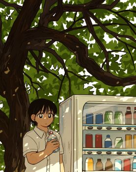 Rule 34 | 1girl, black eyes, black hair, bottle, bright pupils, collared shirt, day, highres, holding, holding bottle, looking at viewer, original, outdoors, shirt, short hair, short sleeves, sihyun25, solo, tree, vending machine, white pupils, white shirt