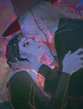 Rule 34 | 1boy, 1girl, black hair, black hat, black jacket, blunt bangs, body markings, claws, double bun, facial mark, fingernails, grey hair, hair bun, hair over eyes, hand on another's arm, hands on another's cheeks, hands on another's face, hat, highres, jacket, koto hara, kpop demon hunters, looking at another, mystery (kpop demon hunters), parted lips, sharp fingernails, short bangs, short hair, twitter username, upper body, wide-eyed, zoey (kpop demon hunters)