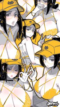 1girl artist_name ass baseball_cap black_hair bra breasts collarbone commentary earrings english_commentary fellatio_gesture glasses hand_up hat highres jewelry jrpencil large_breasts lingerie looking_at_viewer multiple_views open_mouth original panties ponytail ring short_hair simple_background underwear underwear_only v yellow_background yellow_bra yellow_hat yellow_panties