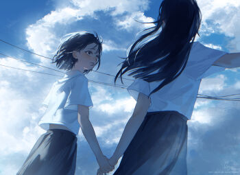 Rule 34 | 2girls, black hair, black skirt, cloud, commentary, highres, holding hands, long hair, looking at another, multiple girls, original, parted lips, ryane (yry 0), shirt, short hair, skirt, sky, white shirt