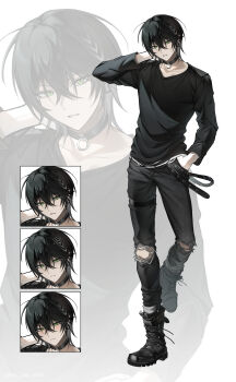 1boy absurdres black_boots black_choker black_hair black_pants black_shirt boots choker closed_mouth collarbone commentary full_body green_eyes hair_between_eyes hand_in_pocket hand_up highres long_sleeves looking_at_viewer male_focus multiple_views nyamnyam_(ny_am_030) original pants parted_lips shirt short_hair simple_background standing standing_on_one_leg torn_clothes torn_pants white_background