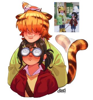 Rule 34 | 1boy, 1girl, animal, animal ear fluff, animal ears, animal on head, awmseem, behind another, bird, bird on head, blanc (heartopia), blonde hair, blush, brown hair, chin rest, coke-bottle glasses, commentary, english commentary, full-face blush, game screenshot inset, glasses, hair over eyes, head on head, head rest, heartopia, height difference, highres, multicolored hair, on head, opaque glasses, player character (heartopia), round eyewear, screenshot inset, side ponytail, striped tail, tail, tail wagging, tiger boy, tiger ears, tiger tail, two-tone hair, white background