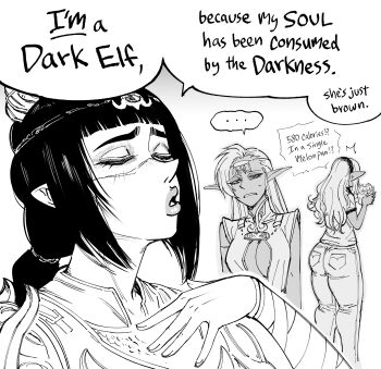 Rule 34 | ..., 3girls, absurdres, ass, baldur's gate, baldur's gate 3, bb (baalbuddy), braid, breasts, center opening, circlet, cleavage, commentary, crossover, dark-skinned female, dark skin, denim, dungeons & dragons, dungeons &amp; dragons, elf-san wa yaserarenai., english commentary, english text, facing away, female focus, highres, huge ass, in-franchise crossover, jeans, kuroeda (elf-san wa yaserarenai.), large breasts, long hair, long pointy ears, multiple crossover, multiple girls, pants, pirotess, pointy ears, record of lodoss war, scar, scar on face, scar on nose, shadowheart (baldur's gate), shirt, single braid, smug, solo focus, species connection, speech bubble, spoken ellipsis, t-shirt, trait connection