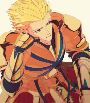 Rule 34 | 1boy, anianiani0607, armor, blonde hair, breastplate, commentary request, cowboy shot, fate/strange fake, fate (series), faulds, gauntlets, gilgamesh (fate), gold armor, hair slicked back, head rest, highres, looking to the side, male focus, pauldrons, red eyes, shoulder armor, sideways glance, simple background, solo, white background