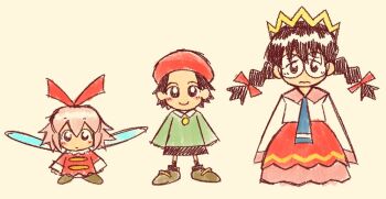 Rule 34 | 3girls, adeleine, beret, black hair, braid, crown, fairy, fairy wings, glasses, hat, kirby (series), kirby 64, long hair, long skirt, low twin braids, maxoke, multiple girls, nintendo, pink hair, red hat, ribbon (kirby), ripple star queen, simple background, skirt, sleeves past fingers, sleeves past wrists, smile, twin braids, wings