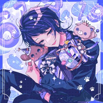 1boy :d ahoge ama._(utaite) black_gloves black_jacket black_pants blue_border blue_eyes blue_hair border box buttoned_cuffs buttons commentary_request crown dated facial_mark feet_out_of_frame gift gift_box gloves halftone hat heart heart_background highres holding holding_gift hugging_object jacket leaning_forward looking_at_viewer open_mouth pants party_hat paw_print paw_tattoo purple_background purple_shirt sample_watermark seven's_proud shirt single_glove single_sidelock sitting smile solo sparkle string_of_flags stuffed_animal stuffed_dog stuffed_toy swept_bangs tattoo utaite watermark waving yudeazu_king