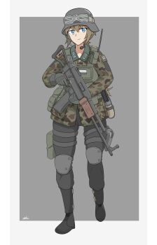 1girl absurdres assault_rifle blue_eyes body_armor boots brown_hair buttoned_jacket camouflage camouflage_jacket collar collarbone combat_helmet flag_patch german_flag gloves goggles goggles_on_headwear gun helmet highres holding holding_weapon holster jacket knee_pads military military_jacket military_uniform original phenol_r pocket pouch pouches prussian_flag radio radio_antenna rifle signature smile trigger_discipline two-tone_background weapon