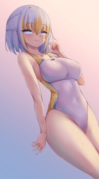 1girl blonde_hair blue_eyes breasts commentary_request competition_swimsuit covered_navel gradient_background gradient_hair grey_hair highleg highleg_one-piece_swimsuit highres indie_virtual_youtuber medium_breasts multicolored_hair multicolored_swimsuit one-piece_swimsuit shokuane short_hair solo swimsuit virtual_youtuber white_one-piece_swimsuit