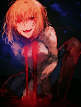 1girl ahoge arcueid_brunestud arm_support black_pantyhose blood blood_drip blood_on_clothes breasts commentary_request crazy_eyes crazy_smile hair_intakes highres kneeling looking_at_viewer messy_hair miniskirt pantyhose red_eyes scene_reference short_hair skirt smile sungoidekame sweater tsukihime tsukihime_(remake) turtleneck turtleneck_sweater white_sweater