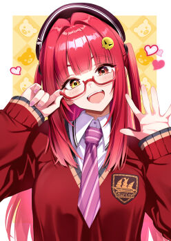 1girl absurdres alternate_costume beret black_hat cardigan collared_shirt glasses hair_ornament hat heart heterochromia highres hololive houshou_marine long_hair looking_at_viewer neji_mawashi3 red-framed_eyewear red_cardigan red_eyes red_hair shirt skull_hair_ornament smile solo teeth twintails upper_teeth_only very_long_hair virtual_youtuber white_shirt yellow_eyes