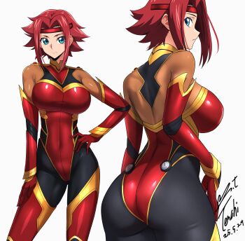 1girl 2024 artist_name ass blue_eyes breasts code_geass dated female_focus hand_on_own_hip headband highres huge_ass kouzuki_kallen large_breasts medium_hair multiple_views parted_bangs pilot red_hair signature simple_background skin_tight solo white_background yoo_tenchi