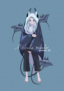 1girl animal_hood bad_link barefoot blue_background blue_eyes blue_hair buttons cloak collar collared_shirt commentary_request english_text fins fish fish_girl highres holding holding_own_tail hood hooded_cloak long_hair looking_at_viewer monster_girl original pants paper_texture scientific_name shirt signature soramaru_ell stingray tail twitter_username watermark white_shirt