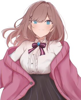1girl absurdres black_skirt blue_gemstone breasts brown_hair cardigan center_frills closed_mouth collared_shirt commentary frilled_shirt frills gem green_eyes hair_intakes hair_ornament hairclip highres large_breasts long_hair long_sleeves nijisanji open_cardigan open_clothes pink_cardigan pink_ribbon ri_shan ribbon shirt simple_background skirt smile solo striped_ribbon suzuhara_lulu suzuhara_lulu_(1st_costume) two-tone_ribbon virtual_youtuber white_background white_shirt