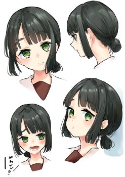 Rule 34 | 1girl, absurdres, alternate hairstyle, black hair, blush, closed mouth, commentary request, green eyes, hasu no sora school uniform, highres, link! like! love live!, looking at viewer, love live!, low ponytail, mendo (mend0o0), momose ginko, multiple views, open mouth, ponytail, profile, raised inner eyebrows, sailor collar, school uniform, short hair, short ponytail, sidelocks, smile, translation request, virtual youtuber, white sailor collar, winter uniform