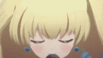 10s 1girl animated animated_gif bekki_natsumi blonde_hair blue_eyes creepy female_focus lowres no-rin solo teeth