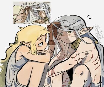 1boy 1girl adjusting_another&#039;s_hair arm_tattoo arrcticc_fish black_eyes blonde_hair chest_tattoo dungeon_meshi elf fleki gloves gorget green_eyes grey_hair hair_around_ear highres knees_up long_hair lycion notched_ear pointy_ears reference_inset simple_background sleeveless tattoo topless_male tunic white_background