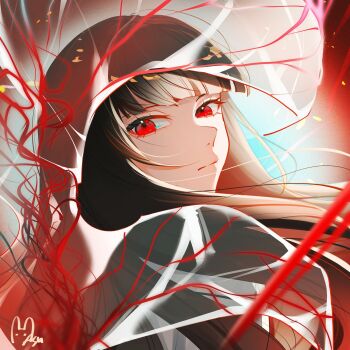 1girl asu_0602 black_hair blurry blurry_foreground bridal_veil closed_mouth hashtag-only_commentary highres hood japanese_clothes kimono limbus_company long_hair looking_at_viewer looking_back project_moon red_eyes ryoshu_(project_moon) see-through_clothes shiromuku solo string uchikake veil wataboushi white_kimono