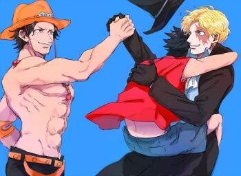 Rule 34 | 3boys, abs, black coat, black gloves, black hair, blonde hair, blue background, coat, commentary request, from side, gloves, hat, holding hands, hug, looking at another, male focus, mike (tomatomato244), monkey d. luffy, multiple boys, one piece, orange hat, parted lips, portgas d. ace, red vest, sabo (one piece), scar, scar across eye, scar on face, short hair, topless male, vest