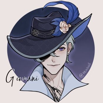 1boy argyle_clothes argyle_hat artist_name black_hat blue_hat border brown_border camellia character_name chest_tattoo chinese_commentary closed_mouth collarbone collared_shirt commentary_request cropped_shoulders diamond_earrings earrings flower giovanni_(infinity_nikki) grey_hair grey_shirt hair_between_eyes hat hat_feather hat_flower highres infinity_nikki jeebywang jewelry lips male_focus neck_tattoo nikki_(series) one_eye_covered outline outside_border purple_background purple_eyes round_border shirt short_hair smile solo stud_earrings tattoo two-sided_fabric two-sided_headwear white_flower white_outline