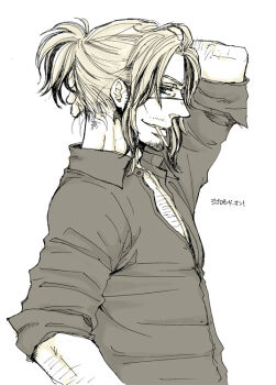 1boy arm_up chest_hair cigarette collared_shirt commentary commentary_request dixiee72 eyepatch facial_hair gangsta hand_on_own_head male_focus profile shirt smile solo stubble upper_body white_background worick_arcangelo