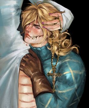 1boy 1girl argyle_clothes argyle_sweater beads black_background blonde_hair blood blood_on_face blue_eyes blue_sweater brown_gloves cassock commentary cracked_skin cross crucifixion daniimouwry diego_brando gloves highres hot_pants_(sbr) hug italian_commentary jojo_no_kimyou_na_bouken medium_hair messy_hair neck_ribbon patch pink_nails ribbon robe scar scary_monsters_(stand) shadow steel_ball_run sweater white_robe