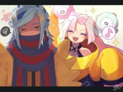 Rule 34 | 1boy, 1girl, 217 shion 407, aqua hair, blue hair, blush, bow-shaped hair, closed eyes, creatures (company), dated, game freak, gen 4 pokemon, grusha (pokemon), highres, iono (pokemon), jacket, long hair, long sleeves, multicolored hair, musical note, nintendo, open mouth, pink hair, pokemon, pokemon (creature), pokemon sv, rotom, rotom phone, scarf, shaded face, sharp teeth, signature, simple background, sleeves past fingers, sleeves past wrists, sparkle, spoken musical note, spoken squiggle, squiggle, sweat, teeth, two-tone scarf, yellow jacket