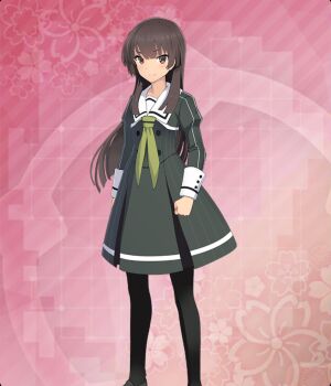 Rule 34 | 1girl, black pantyhose, blunt ends, brown hair, brown shoes, buttons, clenched hand, closed mouth, commentary request, dot nose, double-breasted, dress, feet out of frame, floral background, game cg, green dress, green neckerchief, heijou institute school uniform, highres, juujou hiyori, long hair, long sleeves, looking at viewer, neckerchief, official art, pantyhose, pink background, pinstripe dress, pinstripe pattern, red eyes, resized, sailor collar, school uniform, shoes, sidelocks, smile, solo, striped clothes, striped dress, third-party source, toji no miko, toji no miko: kizamishi issen no tomoshibi, upscaled, variant set, vertical-striped clothes, vertical-striped dress, white sailor collar