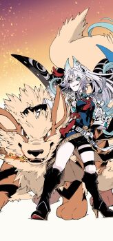 1girl animal_ear_fluff animal_ear_piercing animal_ears arcanine ayunyan_pere belt black_gloves breasts collared_coat eyeliner fangs feixiao_(honkai:_star_rail) fire fluffy forehead_jewel fox_ears fox_girl gen_1_pokemon gloves green_eyes grin high_heels high_ponytail highres honkai:_star_rail honkai_(series) long_hair makeup nintendo orange_fur pokemon ponytail red_eyeliner smile very_long_hair white_belt white_hair