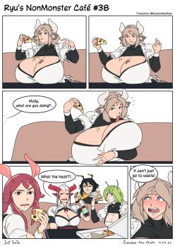 5girls animal_ears antennae arthropod_girl bee_girl black_hair black_sclera blue_eyes blush border bottle breast_hold breast_lift breasts brown_hair cheese cleavage colored_sclera comic couch cow_ears cow_girl cow_horns disgust eating english_text food food_on_body food_on_breasts gigantic_breasts green_eyes green_hair highres holding holding_bottle holding_food holding_pizza horns huge_breasts insect_girl interrupted large_breasts licking licking_breast monster_girl multiple_girls open_mouth original pizza pizza_box pizza_slice pointy_ears randomtanstudio red_eyes red_hair sitting soda soda_bottle speech_bubble table teeth tongue tongue_out upper_body white_background white_border white_hair yellow_eyes