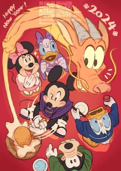 2girls 4boys animal_ears chinese_clothes company_connection daisy_duck disney donald_duck duck_boy duck_girl gloves goofy hammer highres mickey_mouse mickey_mouse_&amp;_friends minnie_mouse mouse_boy mulan_(movie) multiple_boys multiple_girls mushu_(disney) open_mouth shirt smile takatmaorange