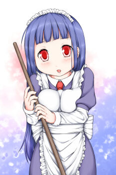 Rule 34 | 1girl, alice (ragnarok online), apron, blue eyes, blue hair, blunt bangs, blush, breasts, broom, commentary request, cowboy shot, dress, haty, highres, holding, holding broom, long hair, looking at viewer, maid, maid headdress, medium breasts, necktie, open mouth, purple dress, ragnarok online, red eyes, red necktie, solo, white apron