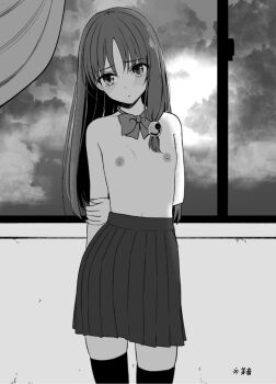 1girl arm_behind_back blush bow bowtie breasts cloud cloudy_sky collarbone commentary_request cowboy_shot curtains embarrassed flat_chest greyscale hako_roku hand_on_own_arm highres indoors long_hair makai_gacha_wa_kyou_mo_shibui meon monochrome navel nipples parted_lips pleated_skirt raised_inner_eyebrows school_uniform skirt sky solo standing thighhighs topless_female window zettai_ryouiki