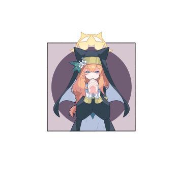 1girl absurdres animal_ear_headwear animal_ears black_veil blue_archive blue_eyes cat_ears coif commentary_request fake_animal_ears flower hair_between_eyes halo hat hat_flower highres long_hair long_sleeves mari_(blue_archive) nun orange_hair own_hands_clasped own_hands_together praying solo toucho3691 veil very_long_hair white_flower yellow_halo