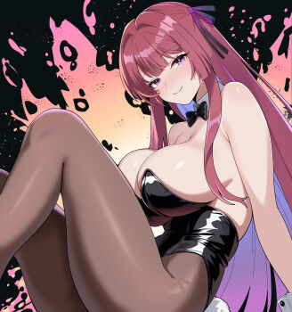 Rule 34 | 1girl, absurdres, alternate costume, black bow, black bowtie, black leotard, black pantyhose, blush, bow, bowtie, breasts, chaos zero nightmare, colored inner hair, detached collar, hair ribbon, heart, highres, huge breasts, leotard, long hair, multicolored hair, pantyhose, purple hair, red hair, rei (chaos zero nightmare), ribbon, sidelocks, smile, solo, strapless, strapless leotard, symbol-shaped pupils, thighs, twomoon