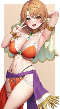 1girl :d arm_up armlet armpits bikini blush breasts brown_eyes brown_hair cleavage commentary_request covered_erect_nipples isshiki_iroha jewelry lambda_(kusowarota) large_breasts looking_at_viewer navel open_mouth orange_bikini purple_sarong sarong smile solo stomach swimsuit tongue v yahari_ore_no_seishun_lovecome_wa_machigatteiru.